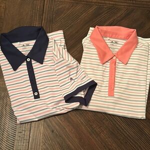 Striped Polo Golf Shirt Set - Navy and Coral
